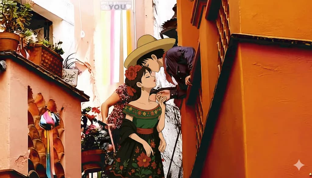 Whispers of Love in a Colorful Alleyway: A Vibrant Fusion of Tradition and Romance