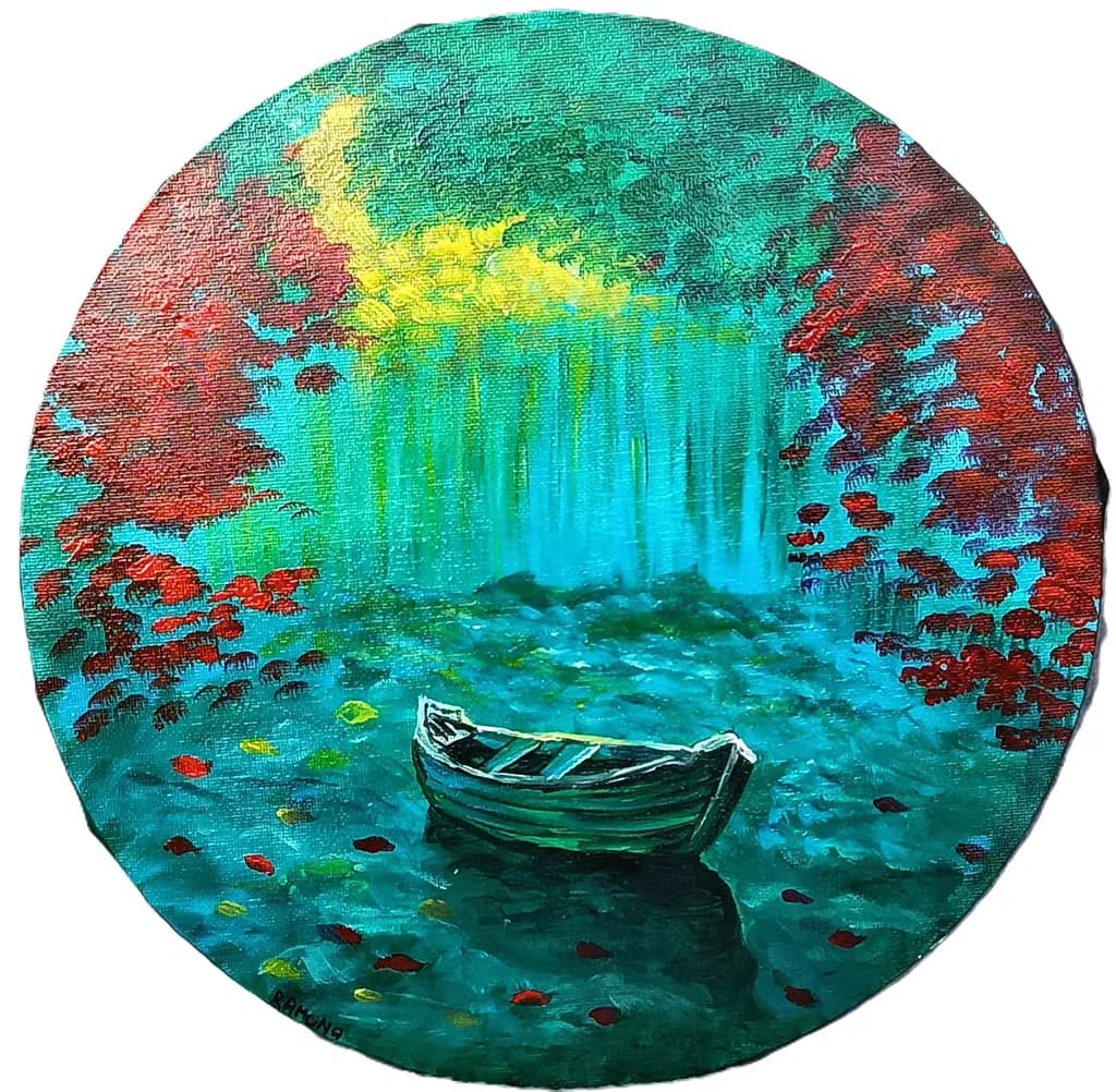 Serenity in Still Waters: A Tranquil Boat Amidst Vibrant Autumn Hues