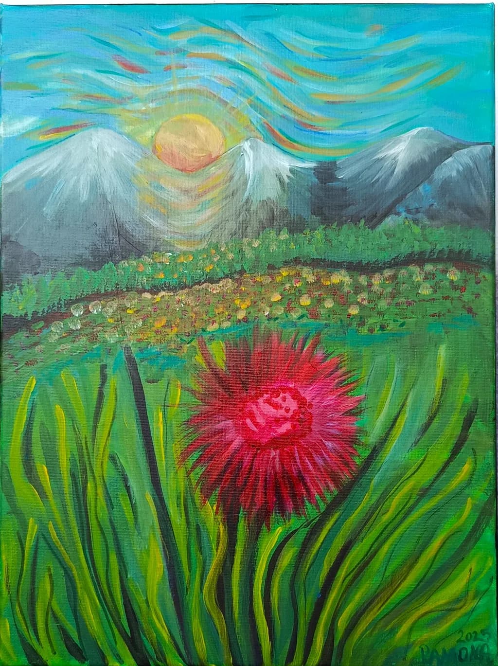 Vibrant Dawn: A Blooming Flower Against Majestic Mountains