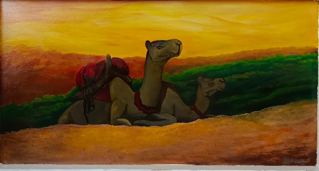 Desert Companions: Camels at Dusk in Vibrant Harmony