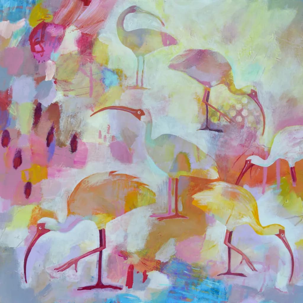 Whimsical Wading: A Dance of Colorful Ibis in Abstract Harmony