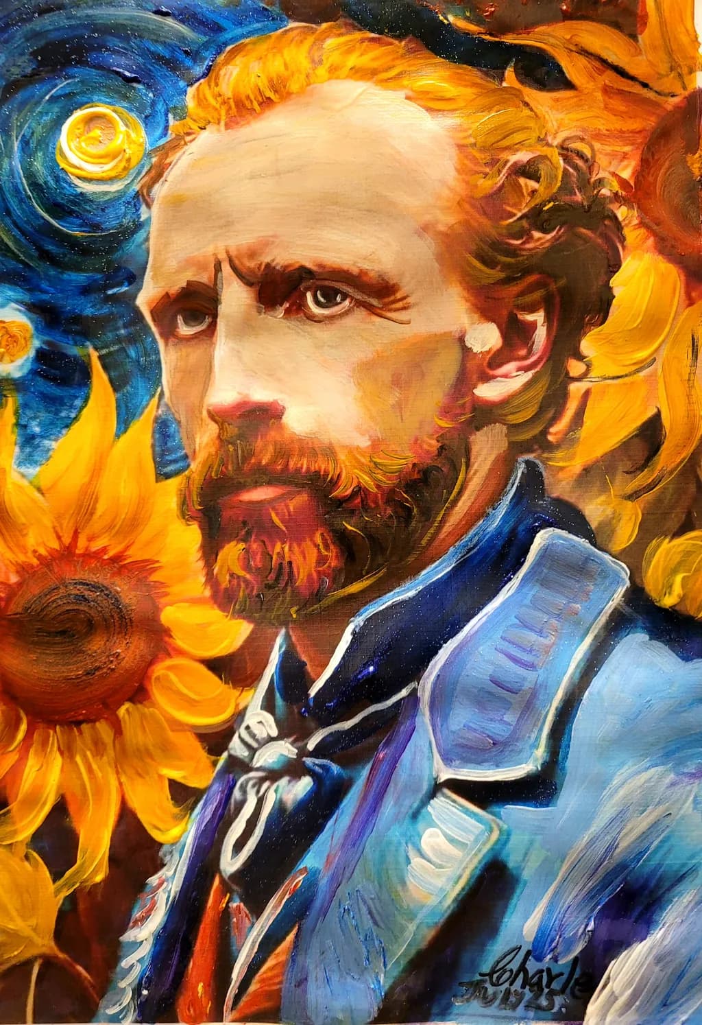 Vibrant Emotions: A Portrait of Expression Amidst Sunflowers and Stars