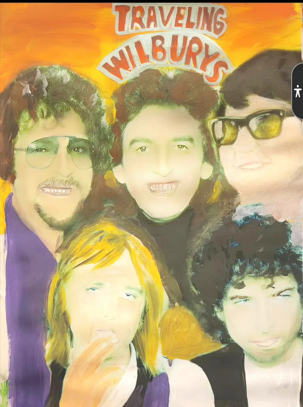 "Vibrant Portrait of the Traveling Wilburys: A Hand-Painted Tribute to Music Legends"