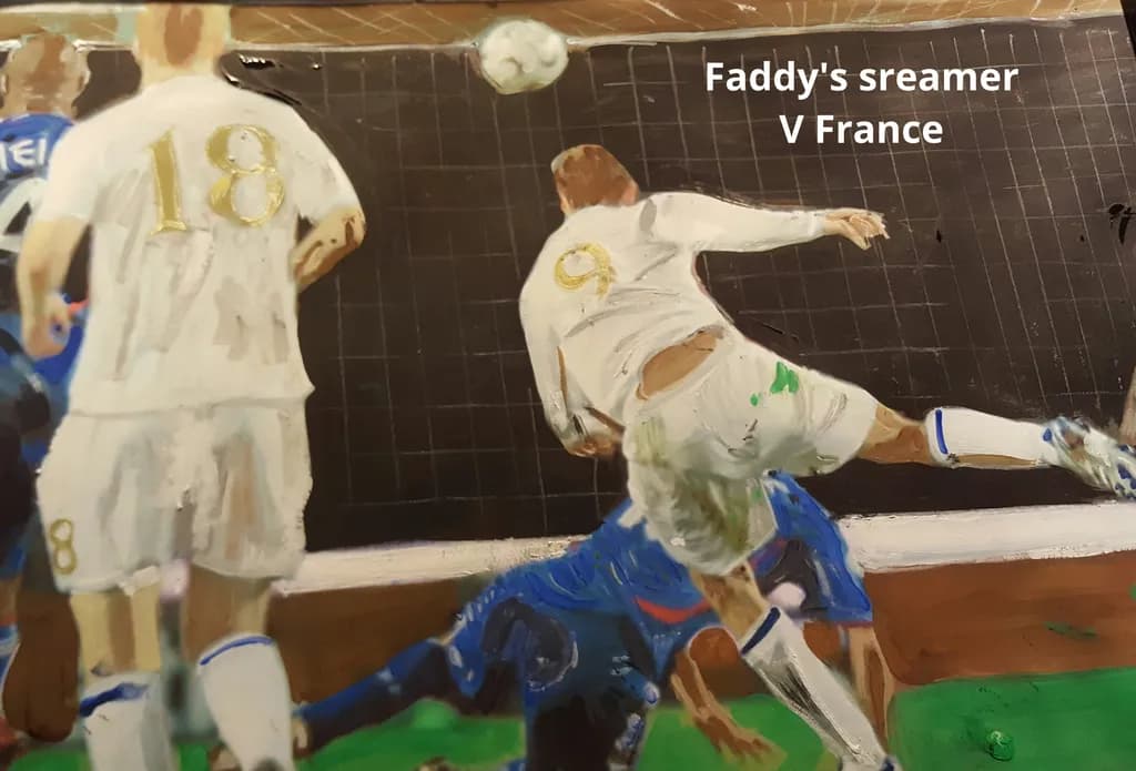 Dynamic Soccer Action: Faddy's Screamer Against France - A Hand-Painted Masterpiece Capturing the Thrill of Competition