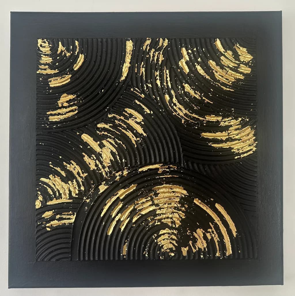 Golden Whirls: A Textured Dance of Light and Shadow on Black Canvas