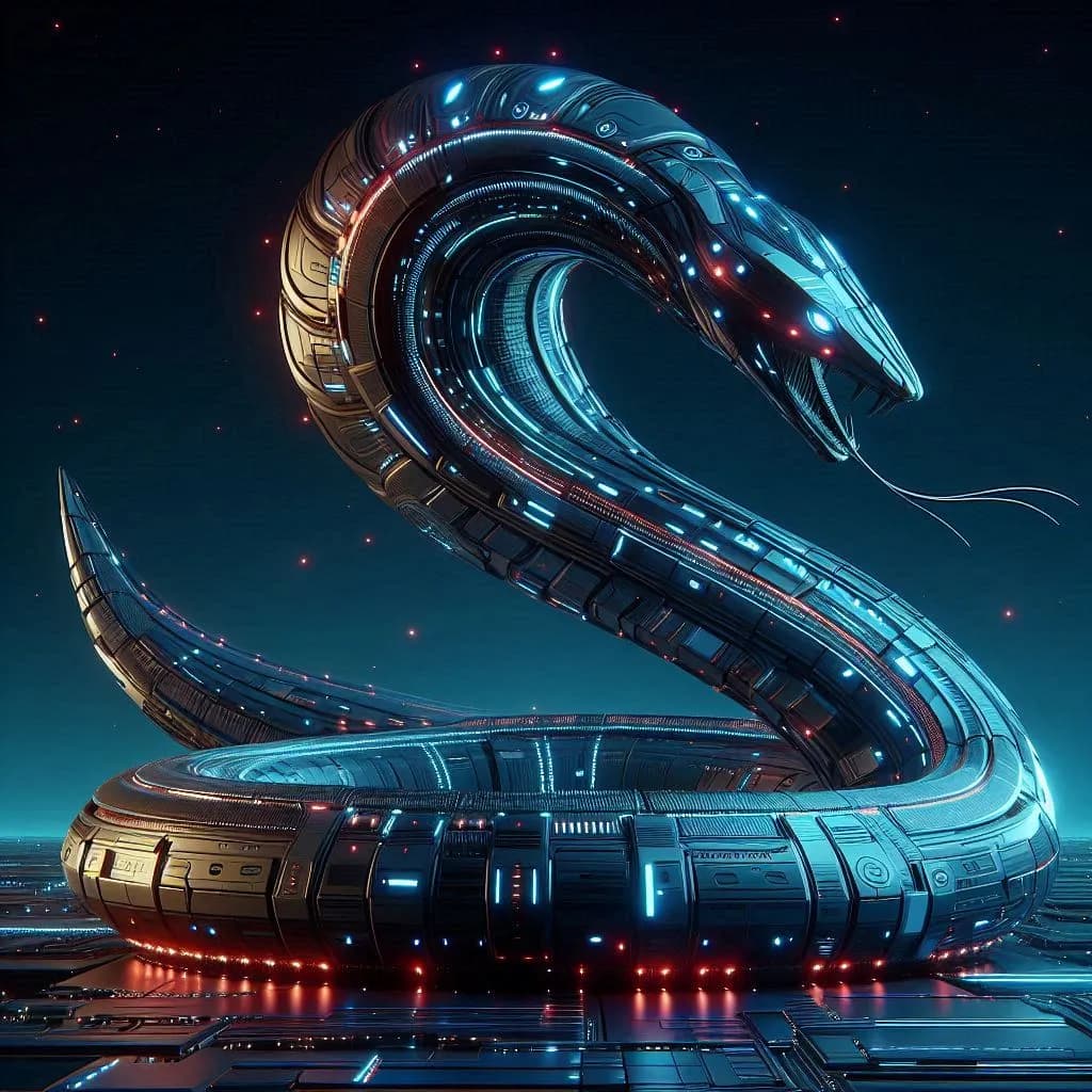 Serpent of the Future: A Glowing Metallic Odyssey in Abstract Sci-Fi Art
