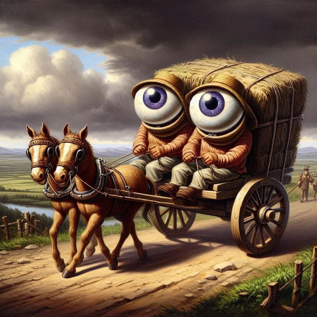 Whimsical Journey: Two Eyed Companions on a Hay Cart Adventure