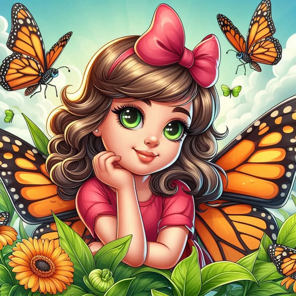 Whimsical Dreams: A Girl's Journey Through a Colorful Garden of Butterflies and Blooms
