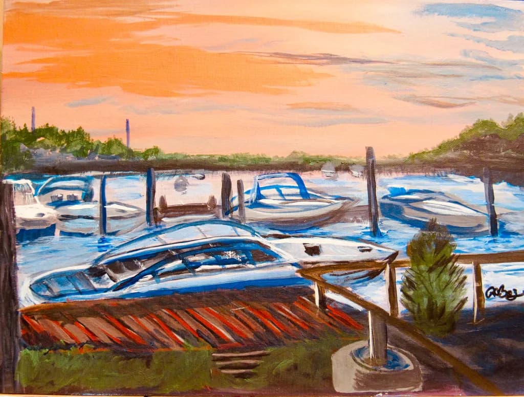 Serene Sunset at the Marina: A Tranquil Evening with Boats and Reflections