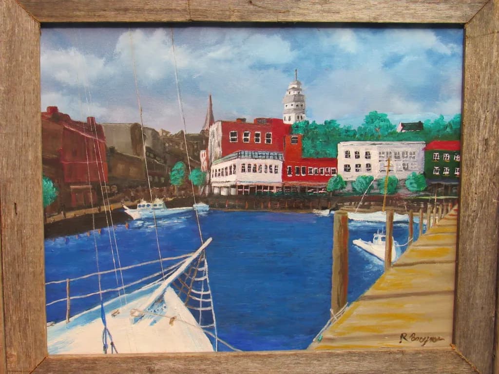 Harbor Serenity: A Vibrant Coastal Scene with Sailboats and Charming Waterfront Architecture