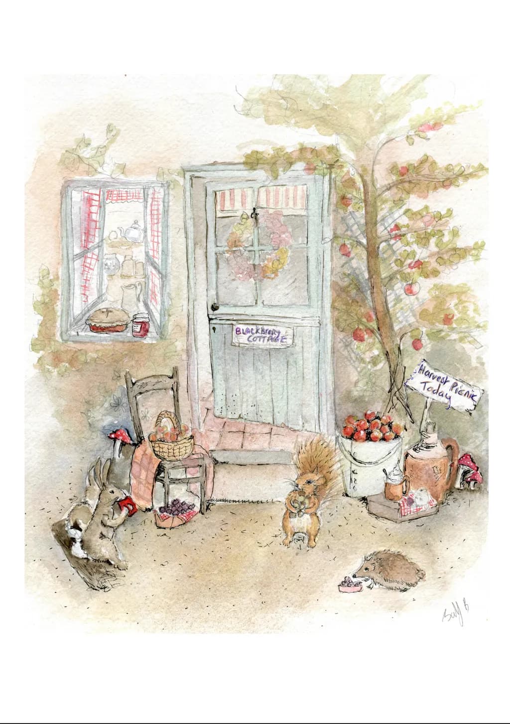 Whimsical Harvest at Blackberry Cottage: A Charming Watercolor Scene of Nature's Bounty