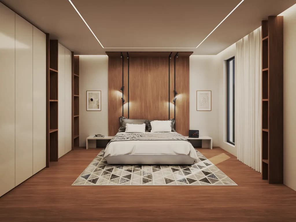 Serene Modern Retreat: A Minimalist Bedroom Oasis with Warm Wood Accents and Geometric Textures