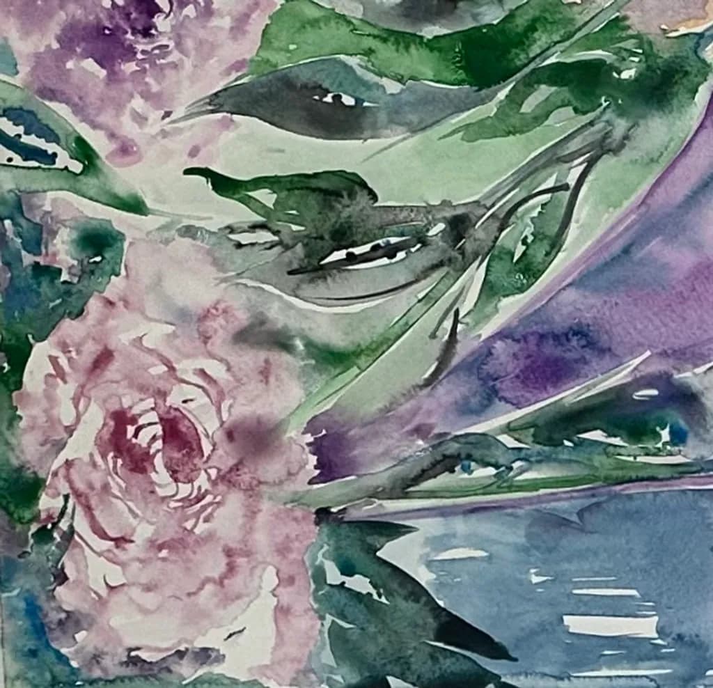 Watercolor Peony and Leaves