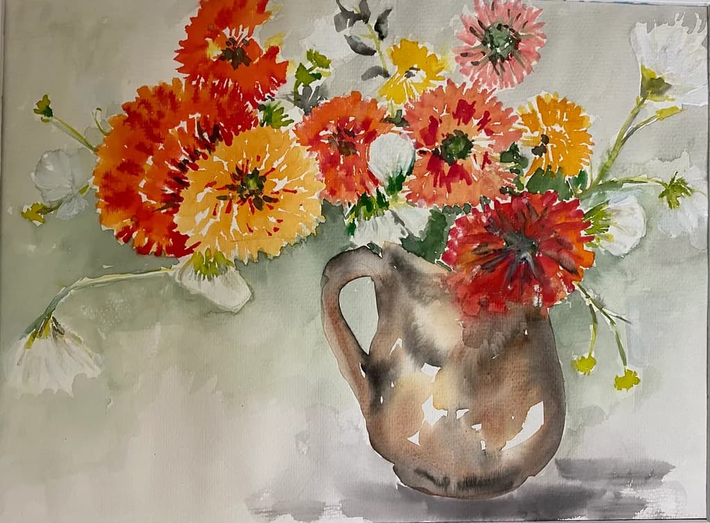 Vibrant Blossoms: A Watercolor Symphony in a Rustic Pitcher