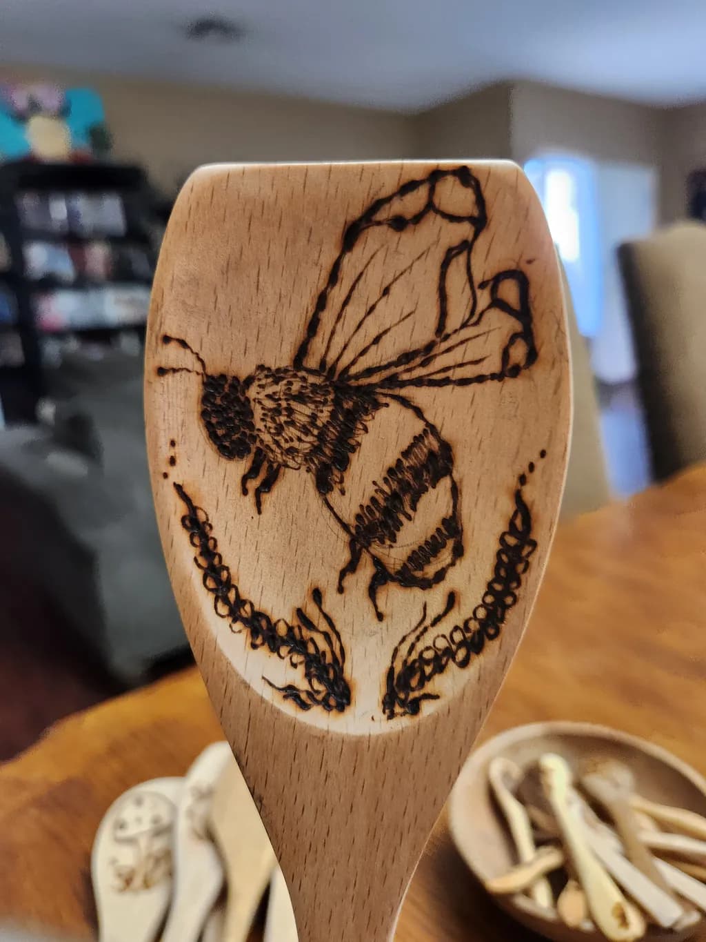 Bee-Inspired Wooden Utensil: Handcrafted Decorative Spoon with Intricate Pyrography Art