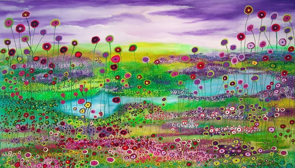 Whimsical Floral Symphony: A Vibrant Abstract Landscape of Colorful Blooms and Serenity