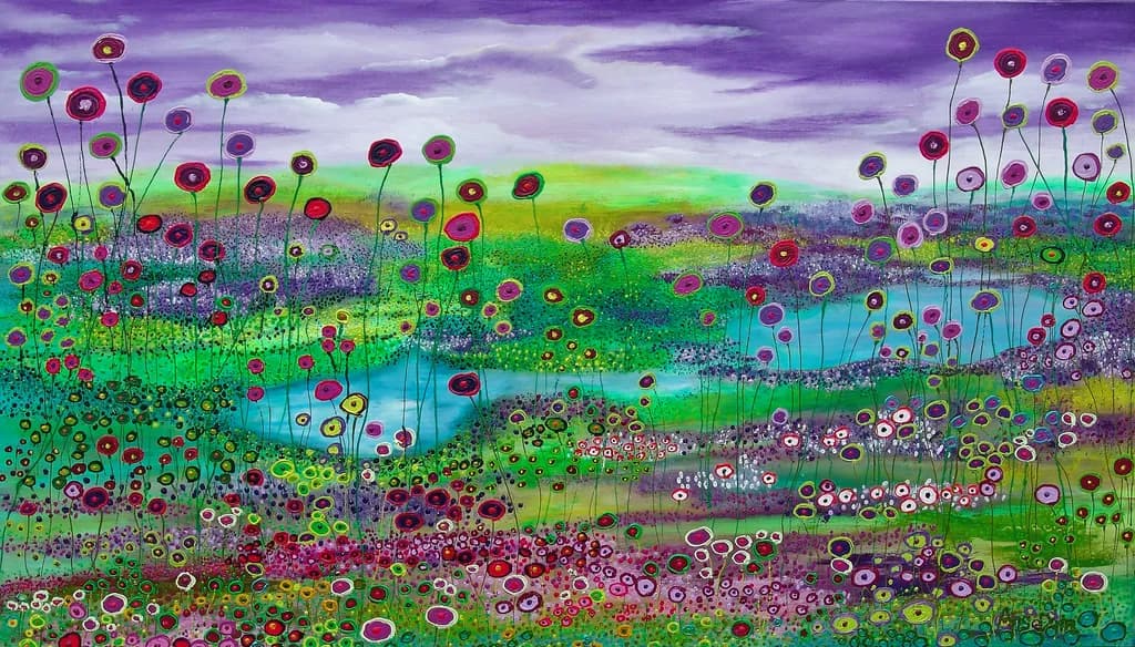 Whimsical Blooms: A Vibrant Dance of Colorful Flowers by the Tranquil Lake