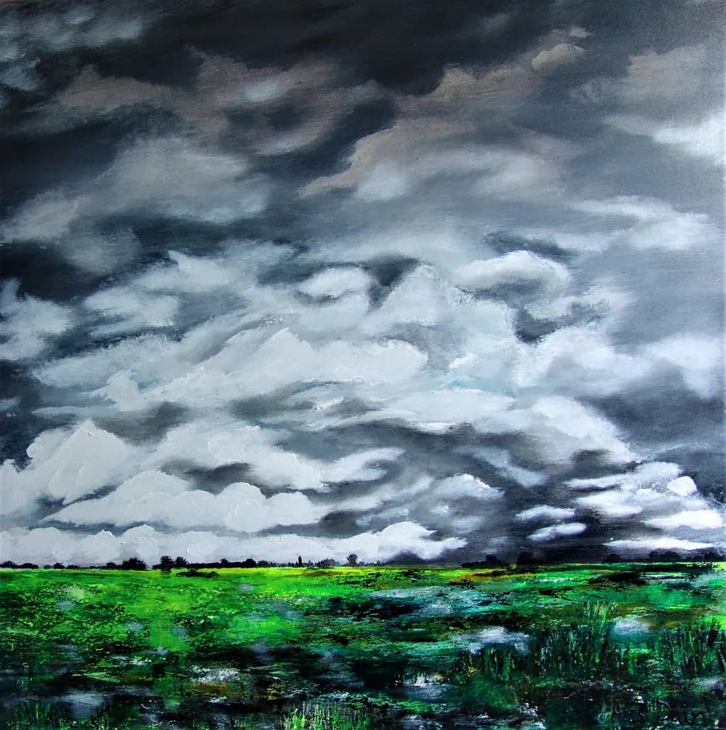 Whispers of Stormy Skies: A Dramatic Green Landscape in Motion
