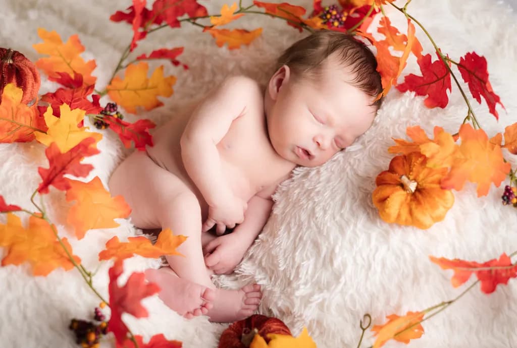 Autumn Dreams: A Serene Newborn Embraced by Nature's Colors