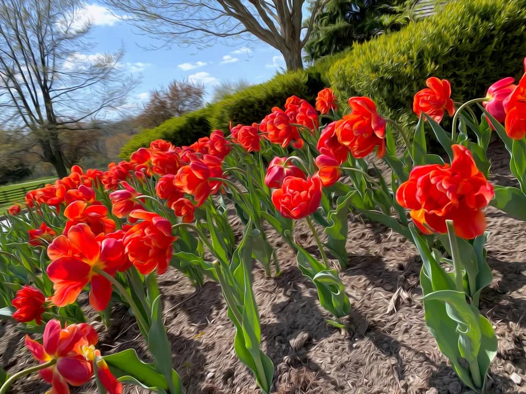 Vibrant Tulip Symphony: A Dance of Red Blooms Under the Spring Sky