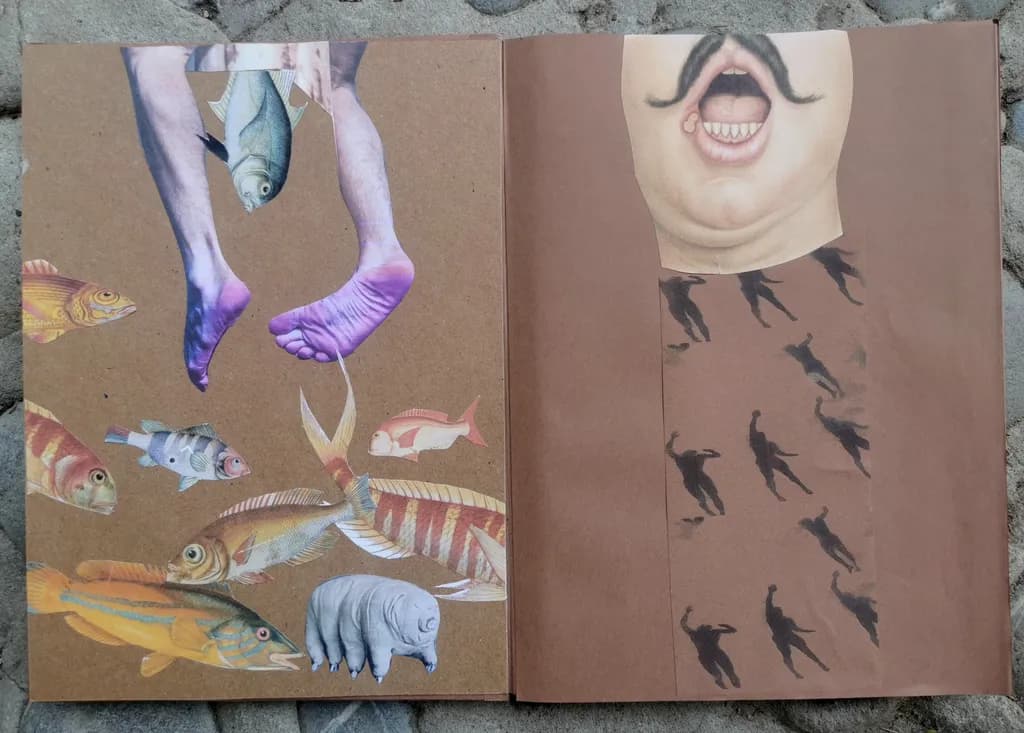 Whimsical Surrealism: A Dance of Fish and Feet in Mixed Media Collage