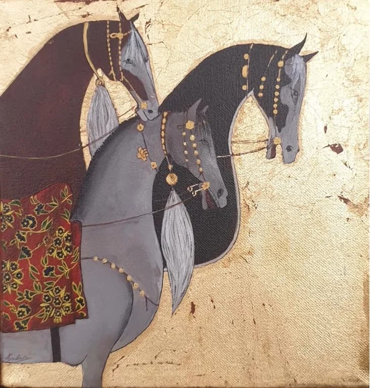 Majestic Harmony: A Trio of Adorned Horses on Golden Canvas