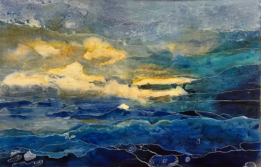 Whispers of the Ocean: A Serene Dance of Blues and Golds in Abstract Landscape Art