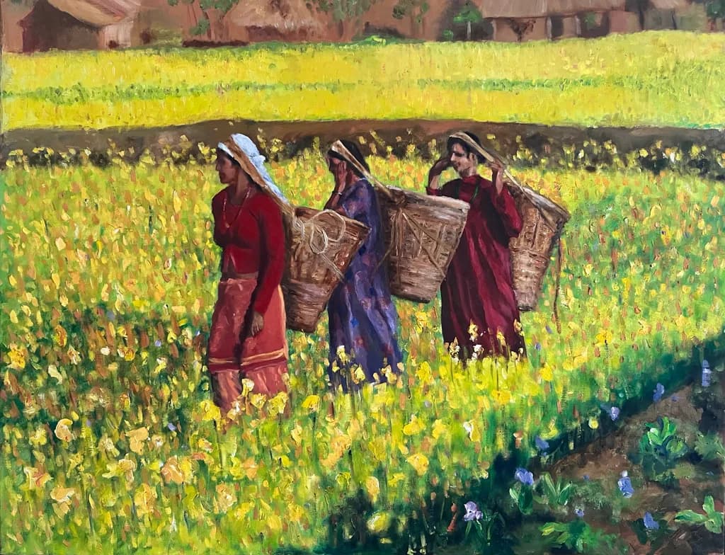 Harvest Harmony: Women in Blooming Fields of Gold