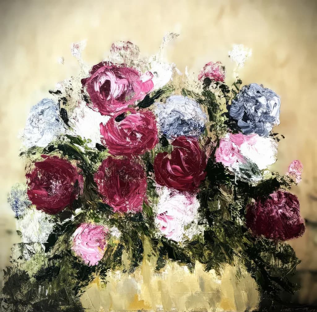 Vibrant Symphony of Roses: A Colorful Floral Masterpiece in Textured Elegance