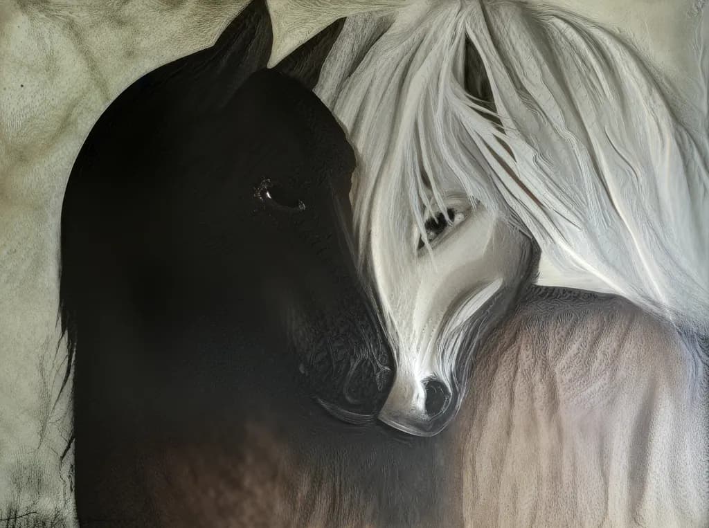 Ethereal Embrace: The Harmony of Black and White Horses