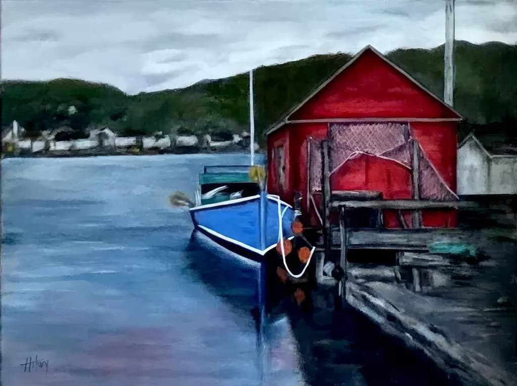 Serenity by the Shore: A Tranquil Harbor Scene with Vibrant Blue Boat and Rustic Red Shed