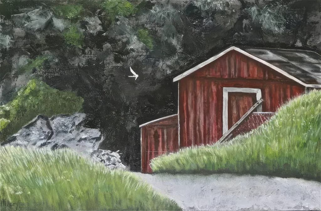 Rustic Serenity: A Red Barn Embraced by Nature's Greenery and Rocky Landscape at Dusk