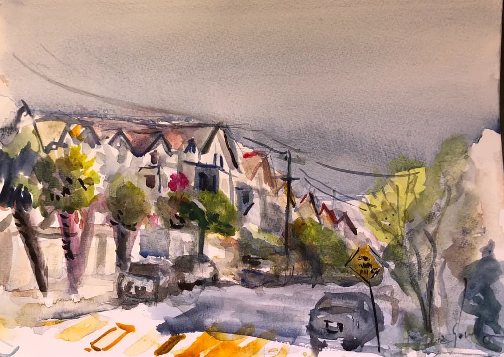 Whispers of a Rainy Street: A Serene Watercolor Landscape