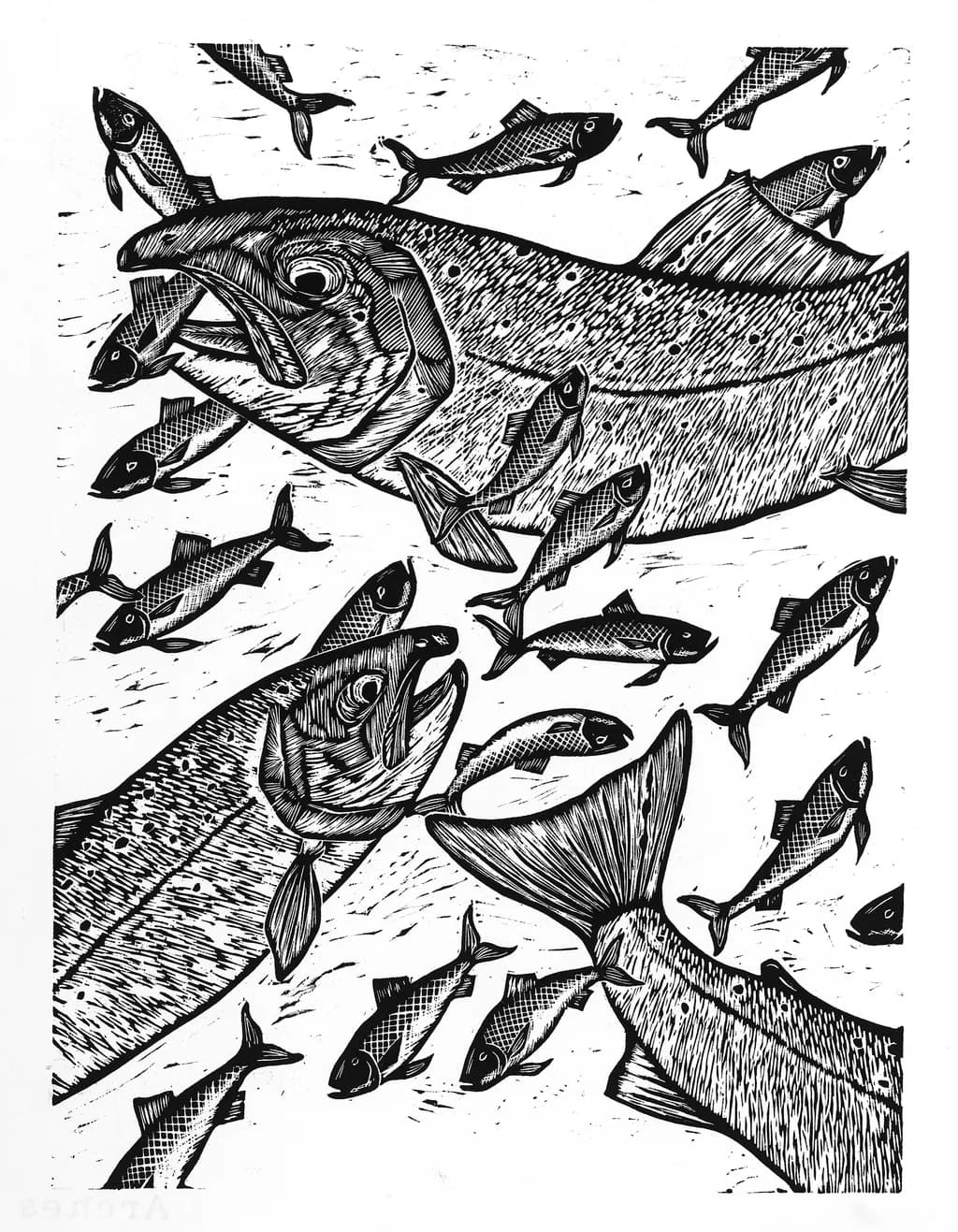 Dynamic Dance of the River: A Linocut Exploration of Aquatic Life
