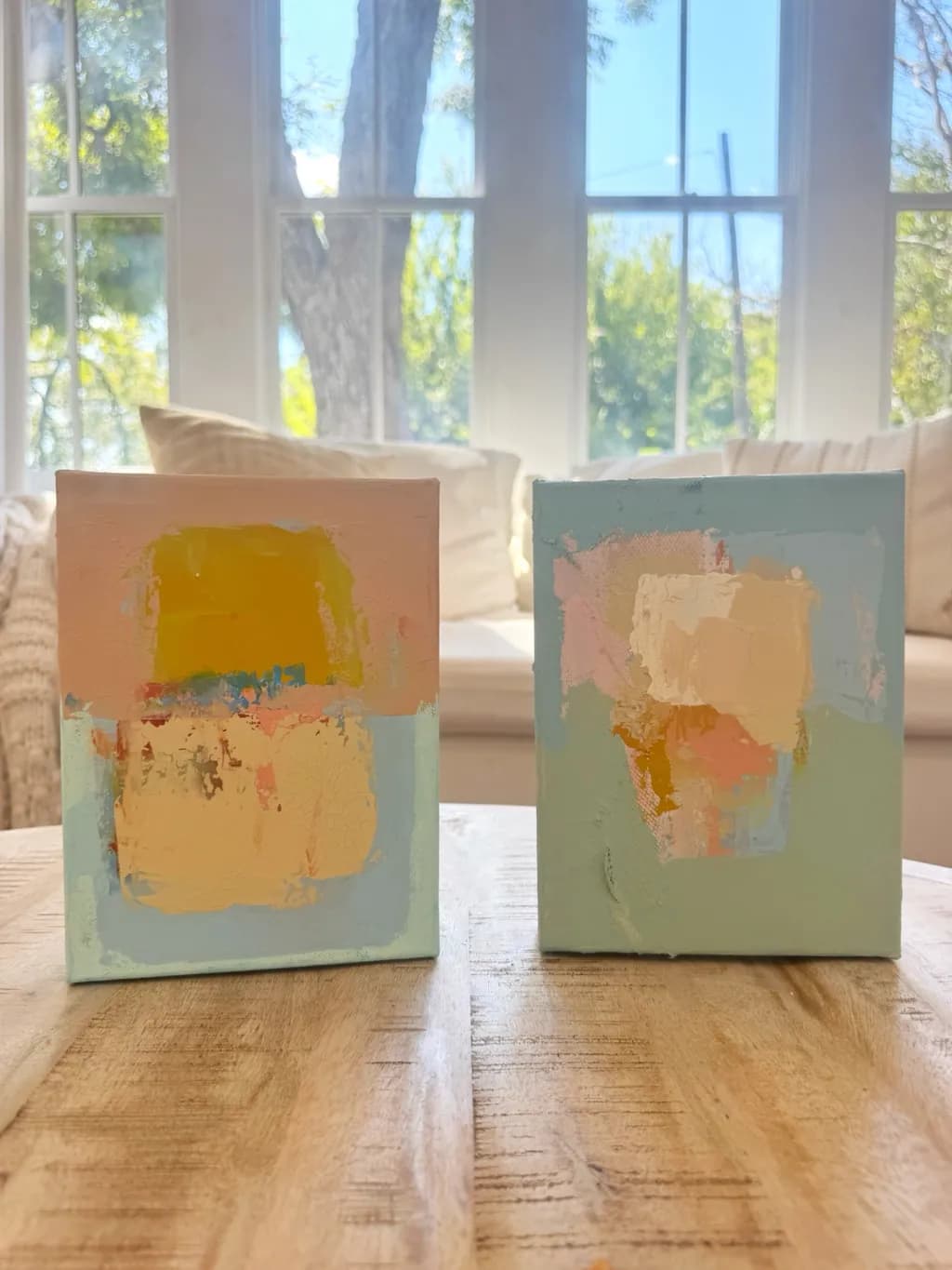 Whispers of Color: A Serene Duo of Abstract Expressionism in Soft Pastels
