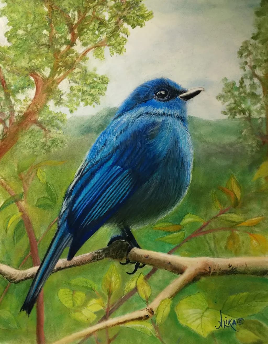 "Whispers of the Desert: A Bluebird's Serenade in Pastel"