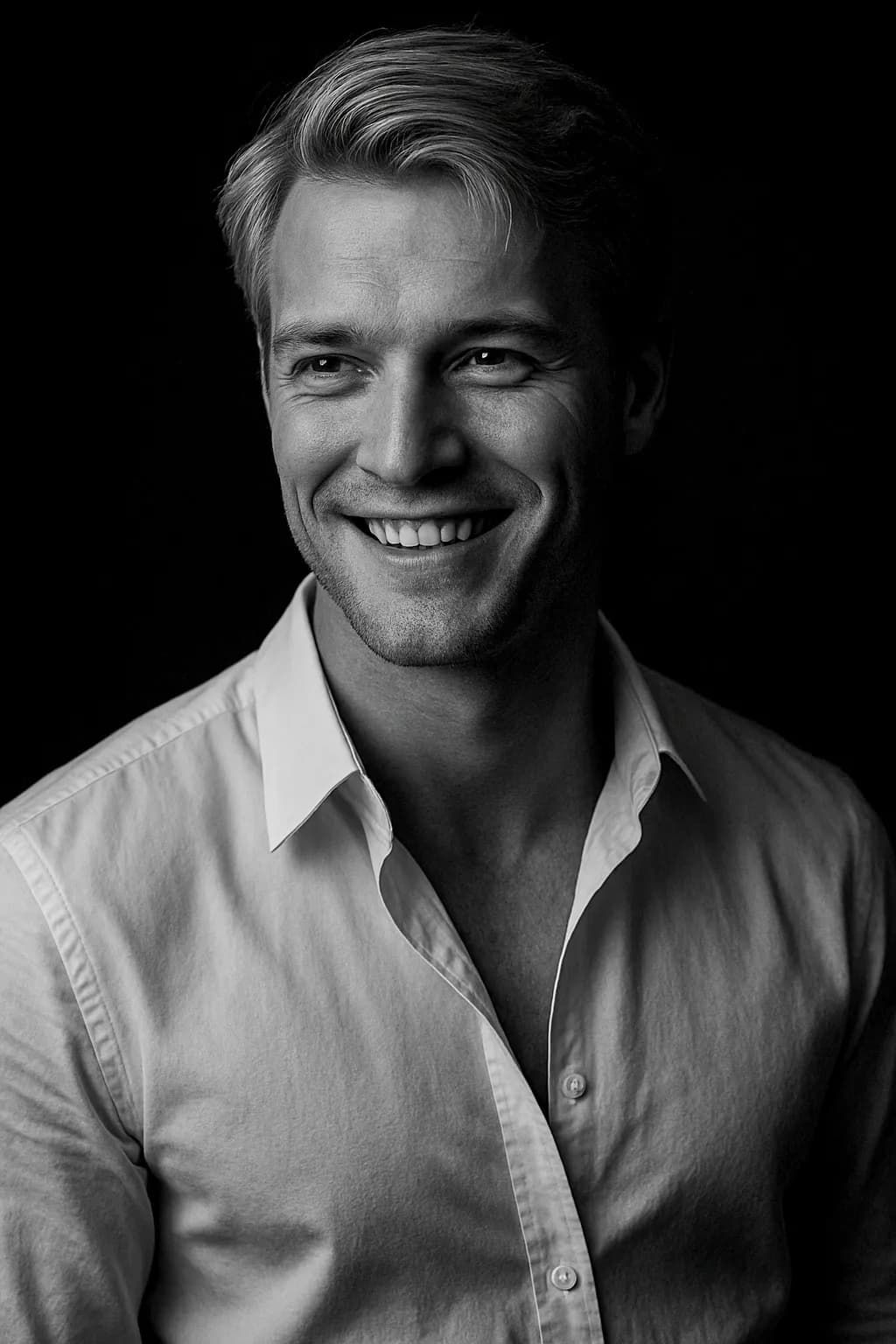 Radiant Smile: A Monochrome Portrait of Charisma and Elegance