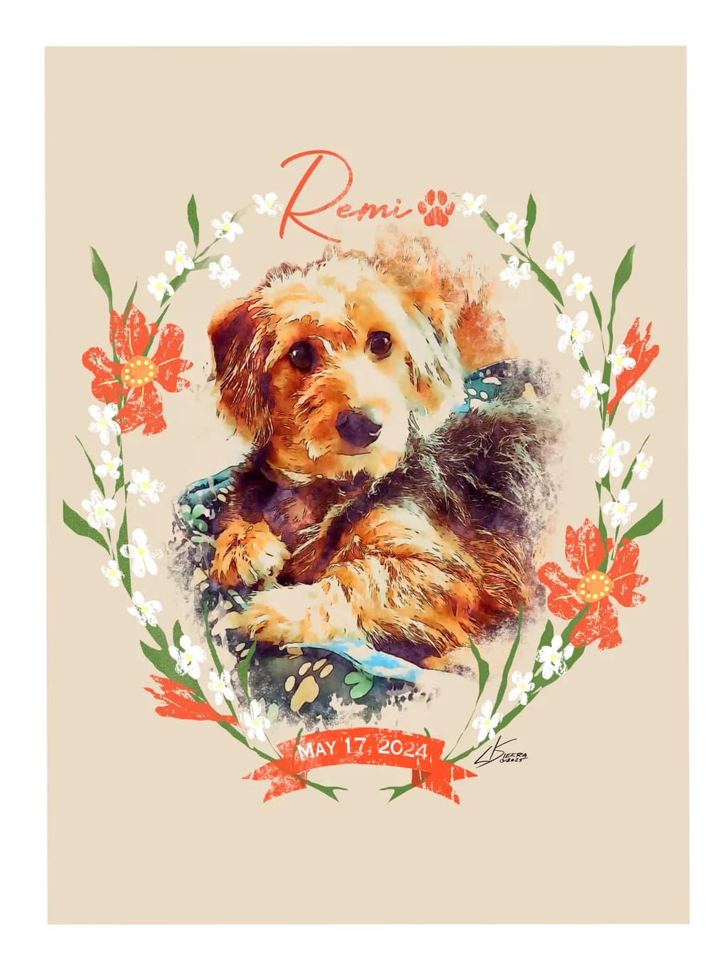 Whimsical Portrait of Remi: A Floral Tribute to a Beloved Companion