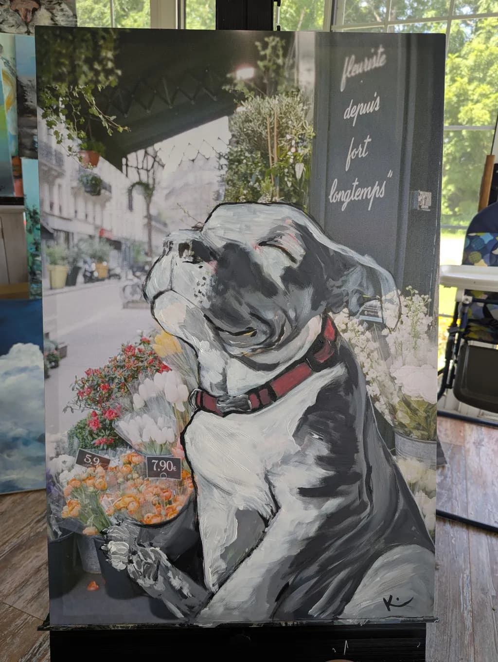 Whimsical Serenity: A Dog's Daydream Among Blooms in the Cityscape