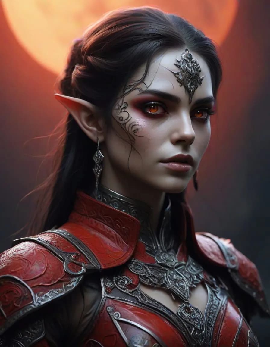 Mystical Elegance: The Enigmatic Elf in Crimson Armor Under the Blood Moon