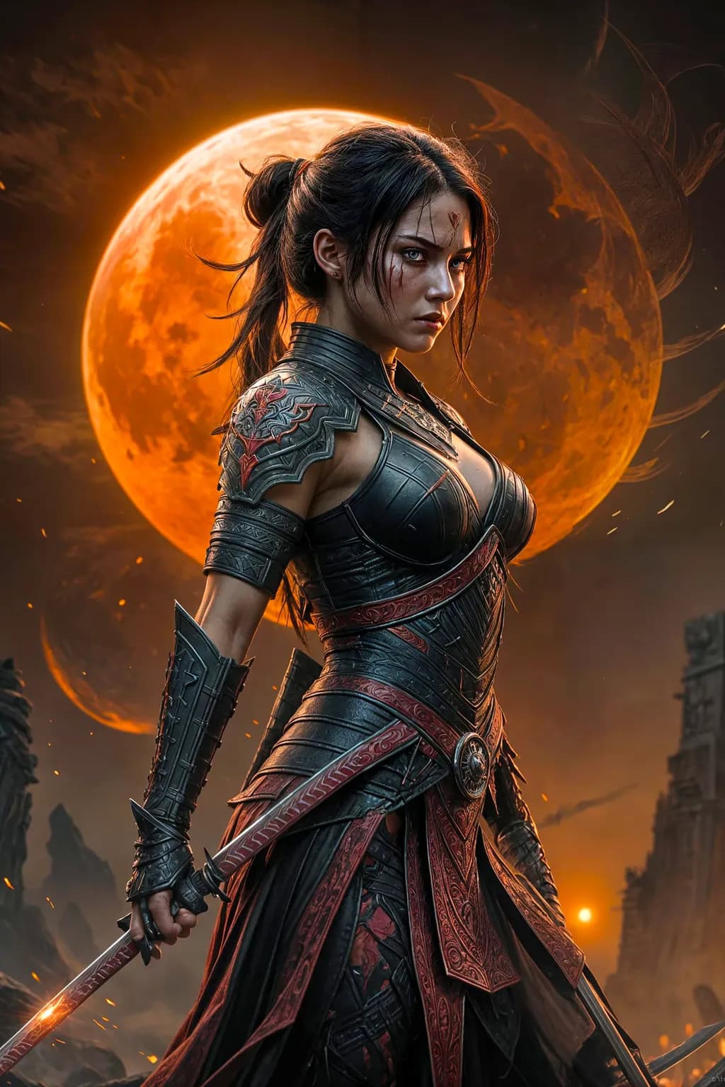 Warrior of the Crimson Moon: A Fierce Guardian in Shadows and Flames