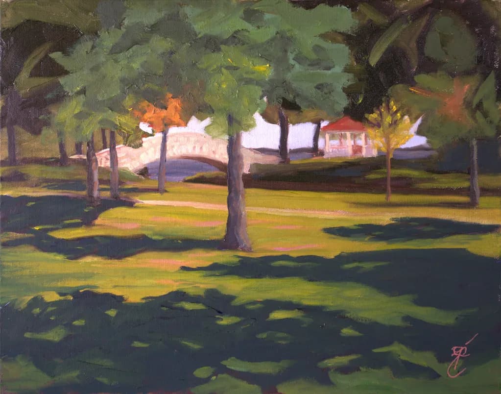 Whispers of Nature: A Serene Park Scene with Bridge and Gazebo