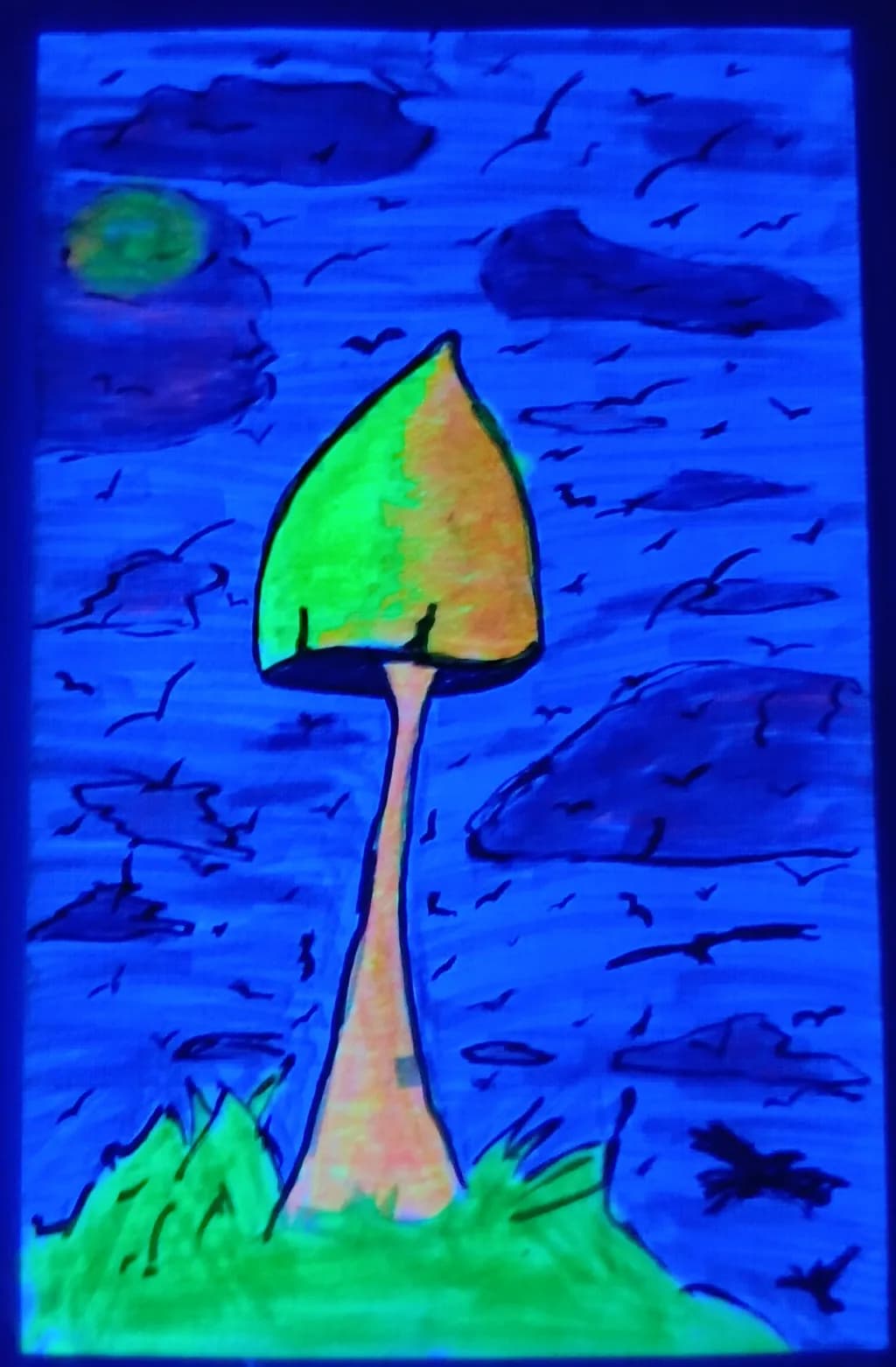 "Between Light and Shadow: The Neon Mushroom's Journey"