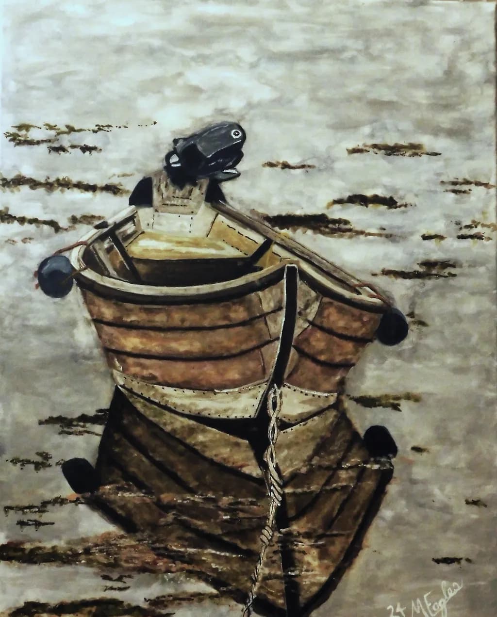 Serenity in Reflection: A Wooden Boat's Tranquil Embrace on Water