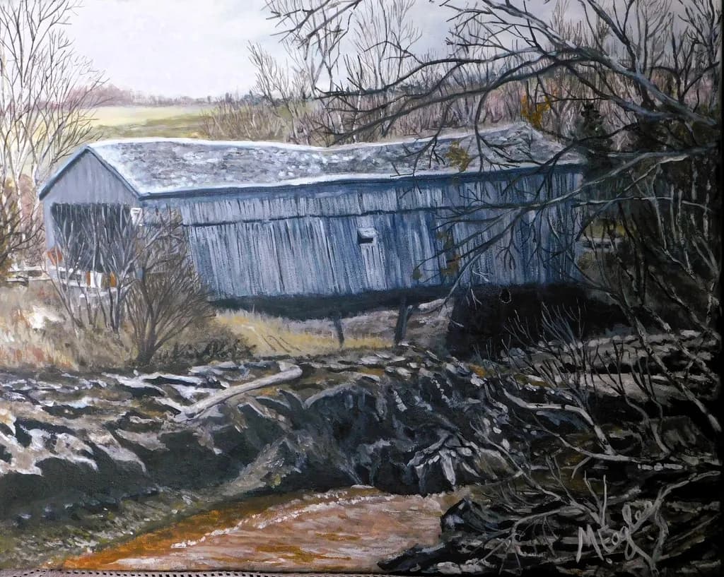 Whispers of Nature: A Serene Landscape with a Covered Bridge and Tranquil Waters