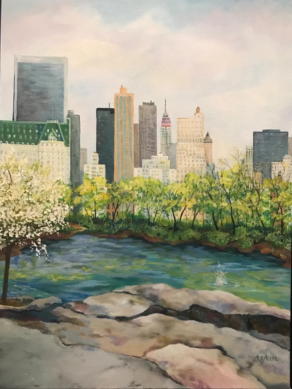 Urban Serenity: A Tranquil View of Central Park's Blossoms and Cityscape