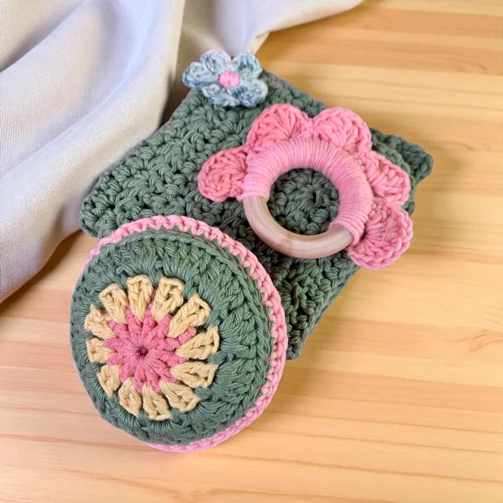 Whimsical Crochet Playset: Floral Teething Ring and Soft Textured Blocks for Baby's Delight