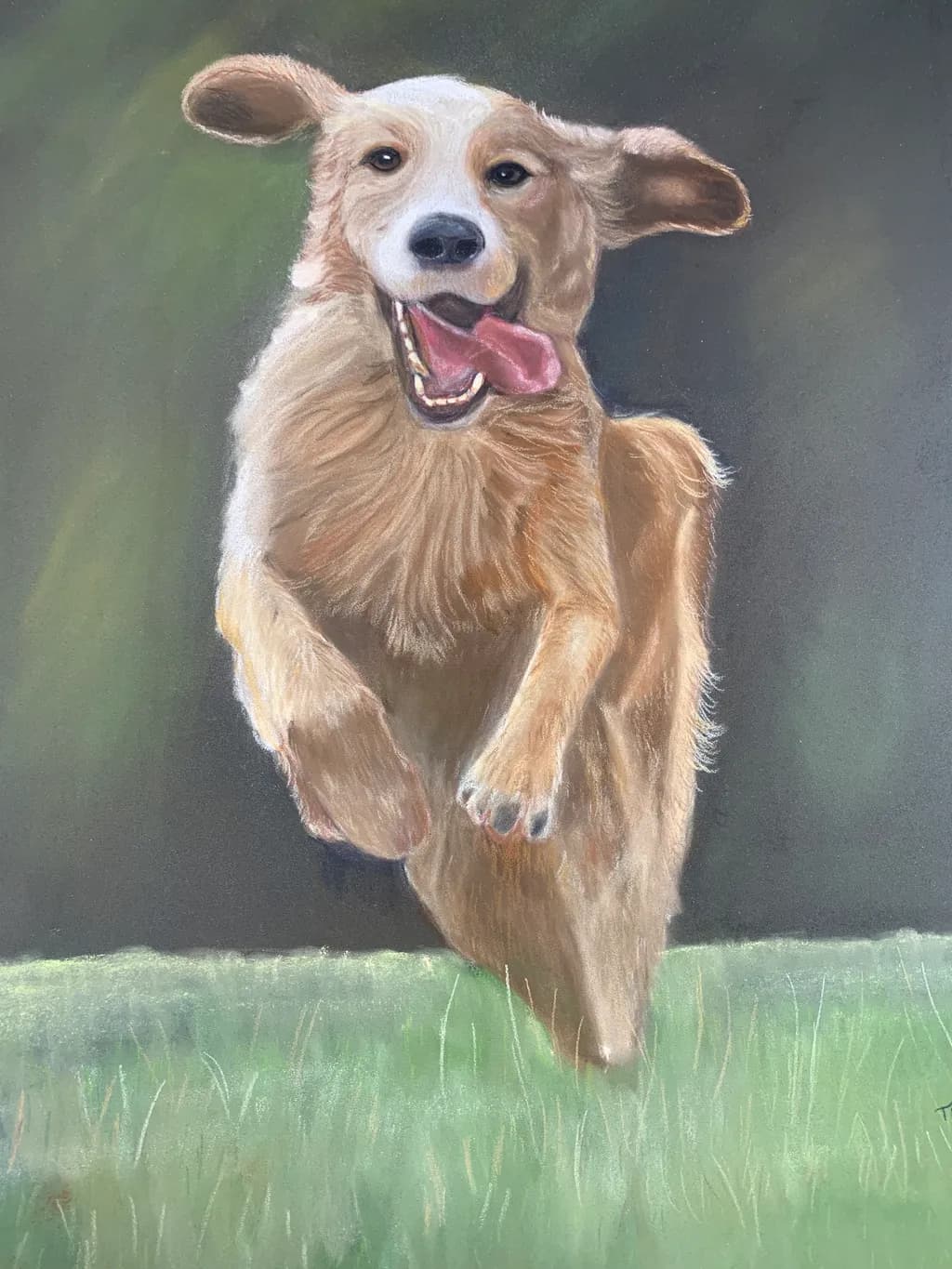 Joyful Leap: A Golden Retriever's Playful Spirit Captured in Pastel Art