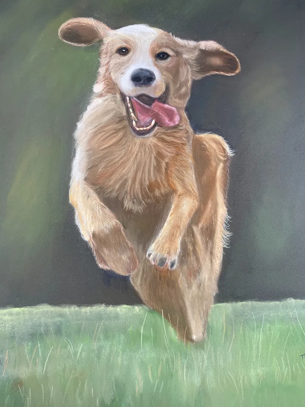 Joyful Leap: A Golden Retriever's Playful Spirit Captured in Pastel Art