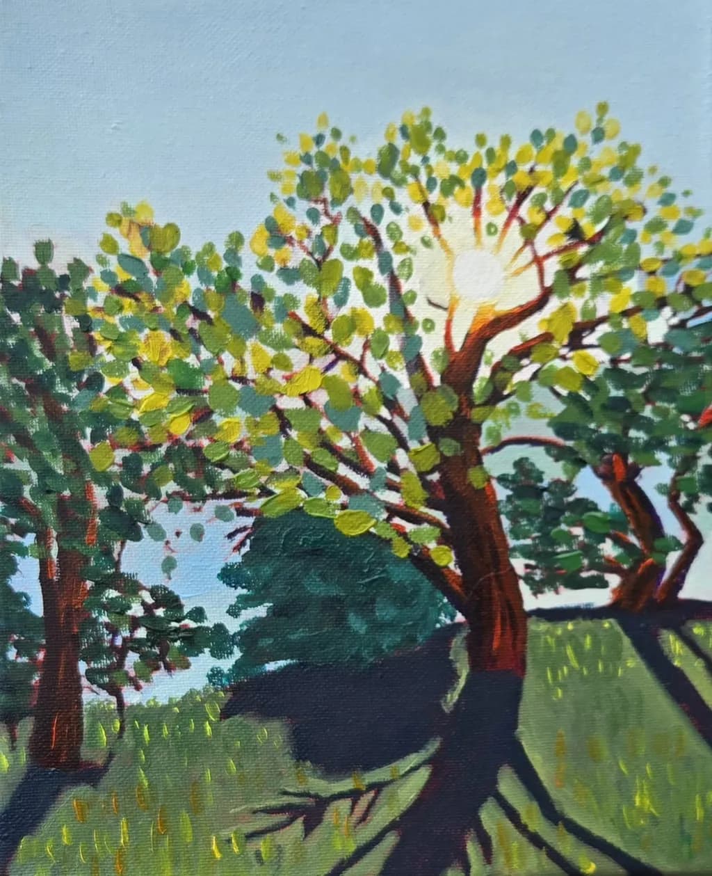 Whispers of Light: A Sunlit Grove in Vibrant Greens and Earthy Browns